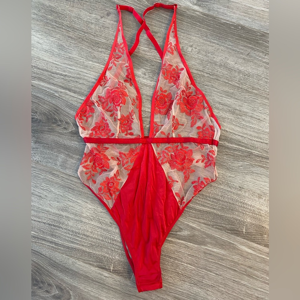 Red Floral Lace Bodysuit